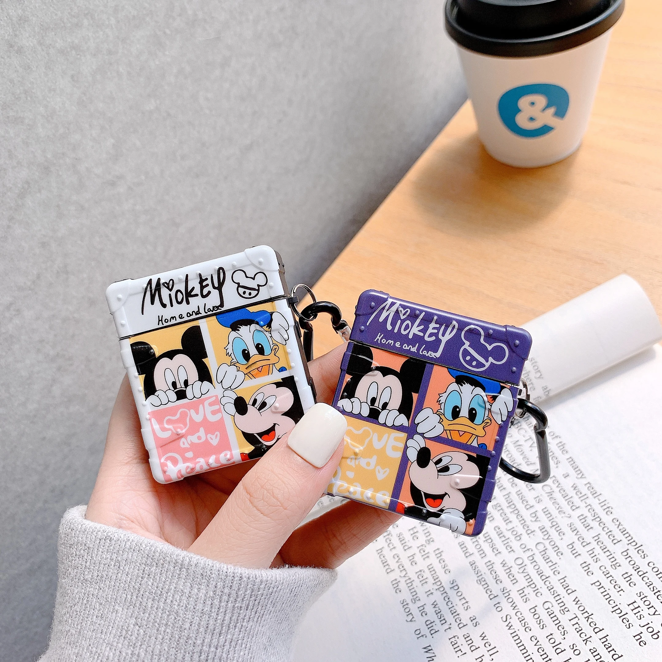 

Case For Airpods 1 2 Cartoon Mickey and Donald Fashion Cool TPU Headset Case, White, purple