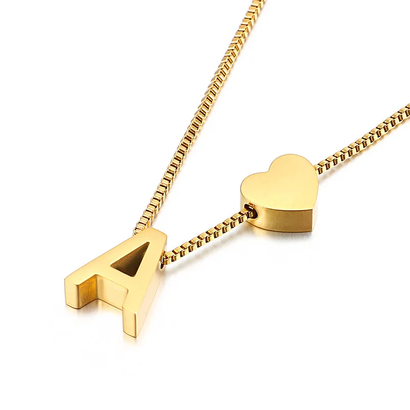 

Wholesale Women Jewelry 18K Gold Plated Heart Charms Stainless Steel Initial Letter Pendant Necklace