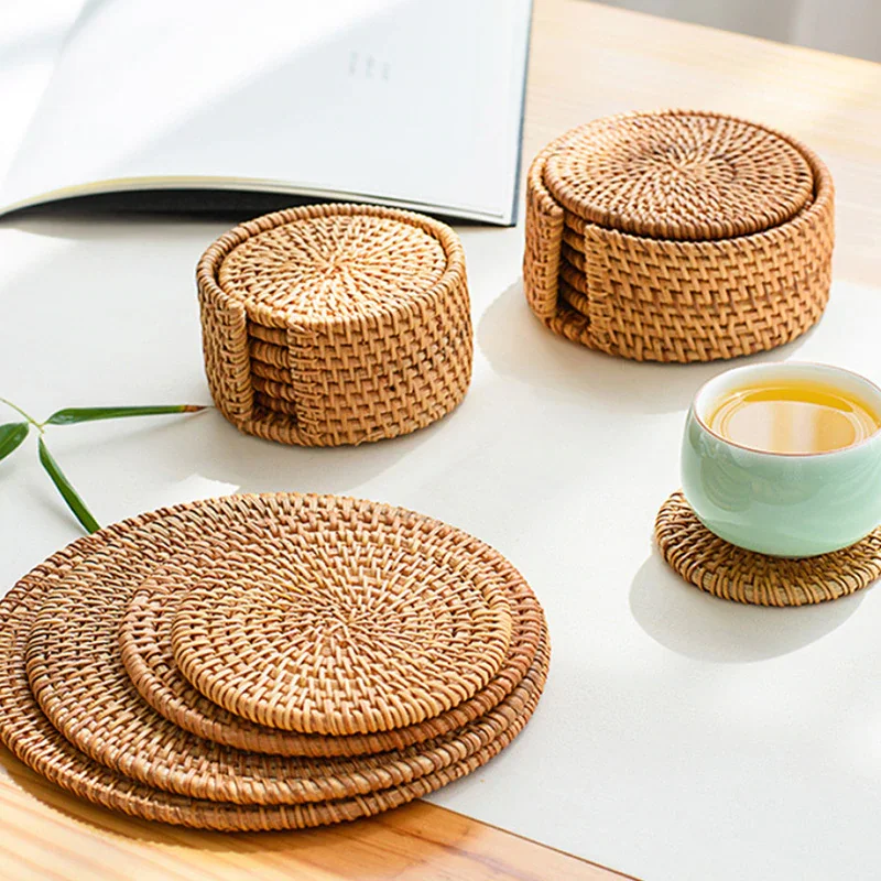 Woven Rattan Placemats Heat Resistant Dining Table Mats Tea Coffee Pads Coasters 
