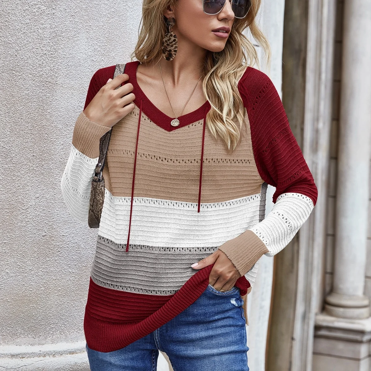 

Hooded Pullover Striped Patchwork Autumn Winter Knitted Womens Sweater Hoodies, 7 colors