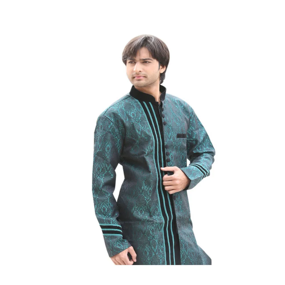 
Rama Green Indian Wedding Indo Western Sherwani For Men Dohra Brocade Material Mandarin Collar Square Cut Style Indo Western 