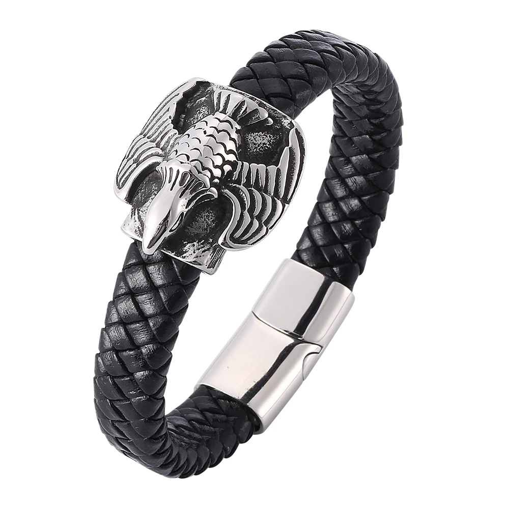 

Men Jewelry Vintage Woven Leather Rope Bracelet Eagle Stainless Steel Magnetic Buckle Punk Bracelet Wristband PW790