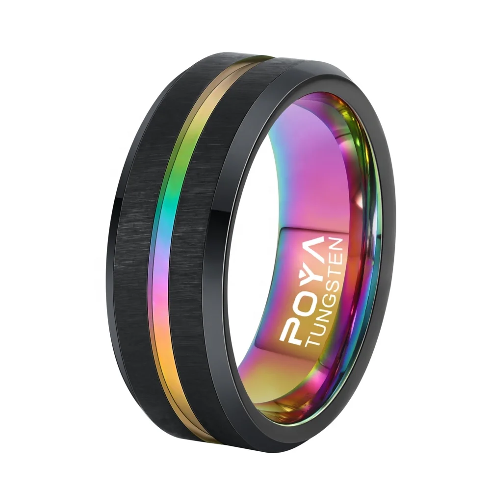 

POYA TUNGSTEN Rainbow Ring 8 mm Black Wedding Band Beveled Edges Comfort Fit LGBT Jewelry, Customized color