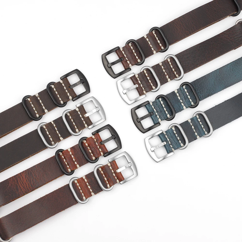 

Heavily Oiled and Textured NATO Style Watch Strap with a Single-layered 3-ring Heavy-duty Style Brushed Buckle in Stock, Black, deep blue, dark coffee, dark brown, reddish brown.