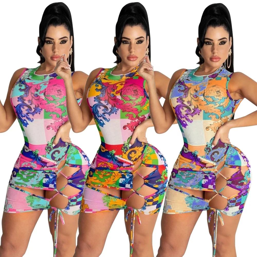 

Print Hollow Out Lace Up Teddy and Mini Dress Two Piece Skirt Suits, As shown