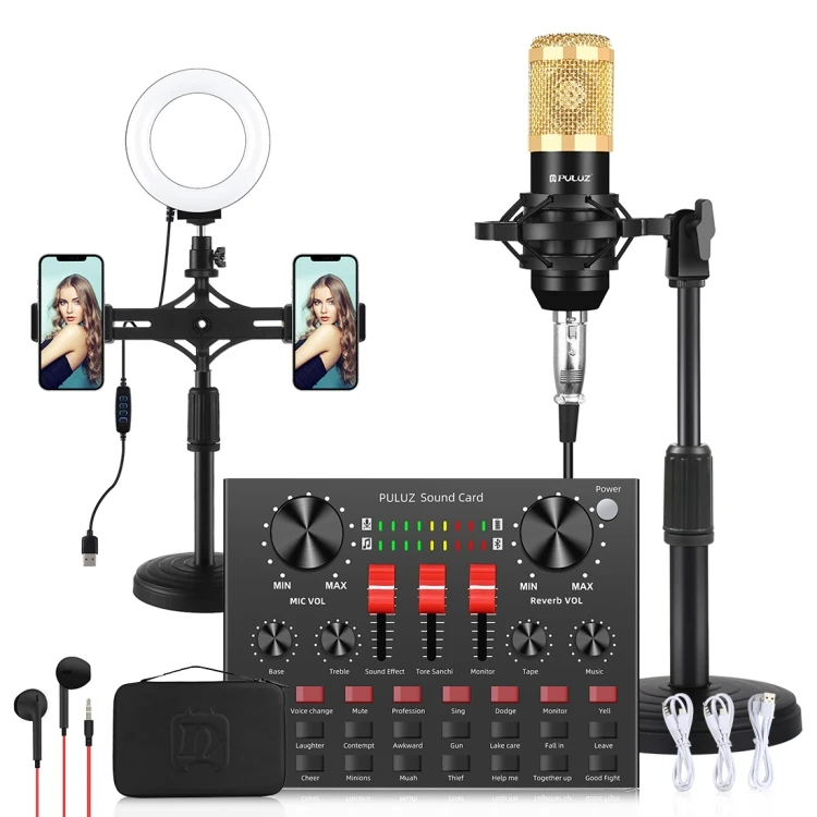 

2022 New English Version PULUZ Desktop Live Sound Card Mixer Microphone Kits with Dual Holders Ring Light Sound Card Microphone