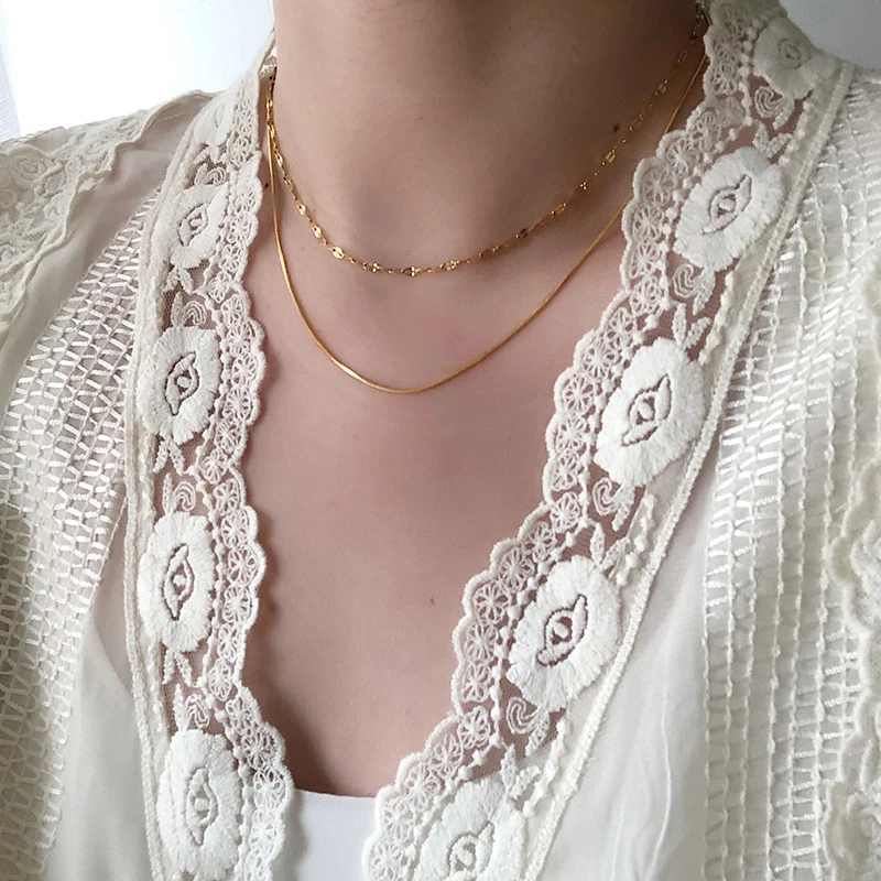 

Shiny 14K Gold Plated Sparkle Snake Chain Choker Double Chain Layering Necklace Minamilist Jewelry