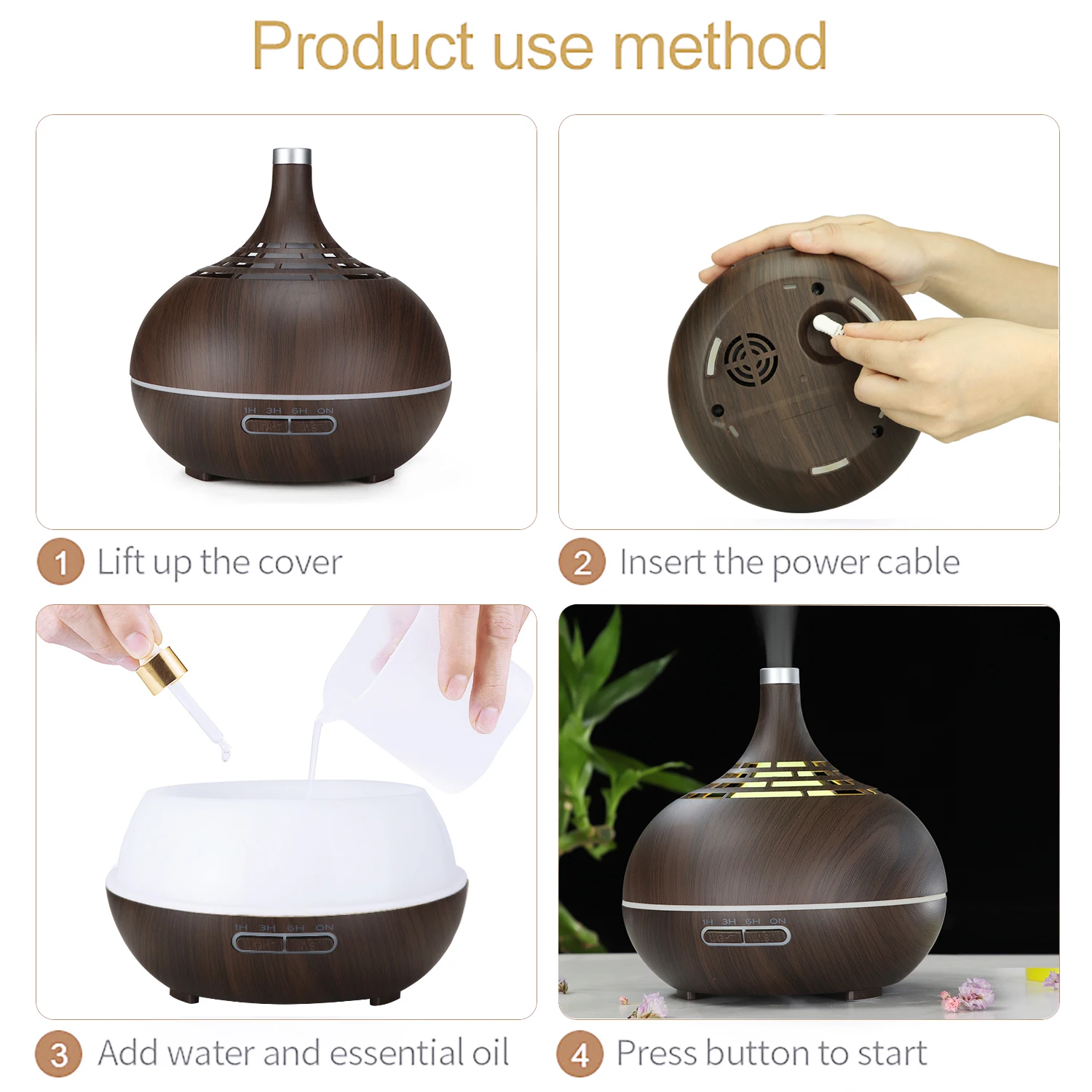400ml Wood Grain Ultrasonic Cool Mist Humidifier, Diffuser for essential oils, 7 Color LED Lights aroma oil diffuser