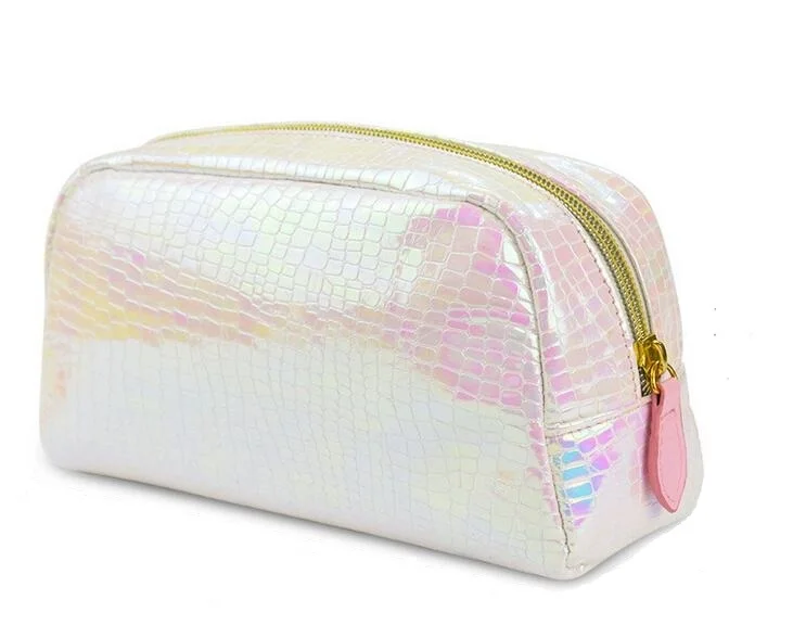 

Luxury free sample holographic shiny pu wholesale leather travel iridescent travel toilet bag