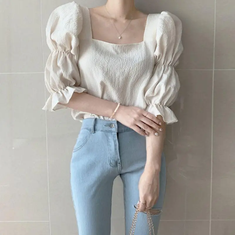 

Vintage Puff Sleeve Blouse Square Neck Women Shirts Tops Sexy Slim Women Blouse