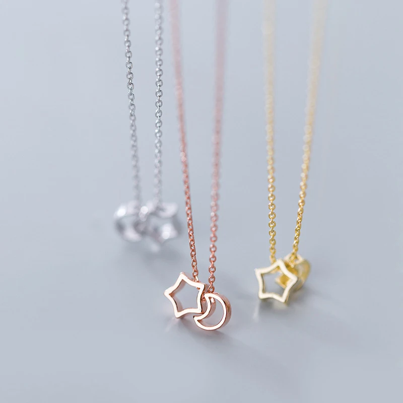 

N1829 Silver Jewelry Mall Sterling Silver 925 Girl Korean Version Small Fresh Star Moon Lovely Short Crescent Bay Necklace