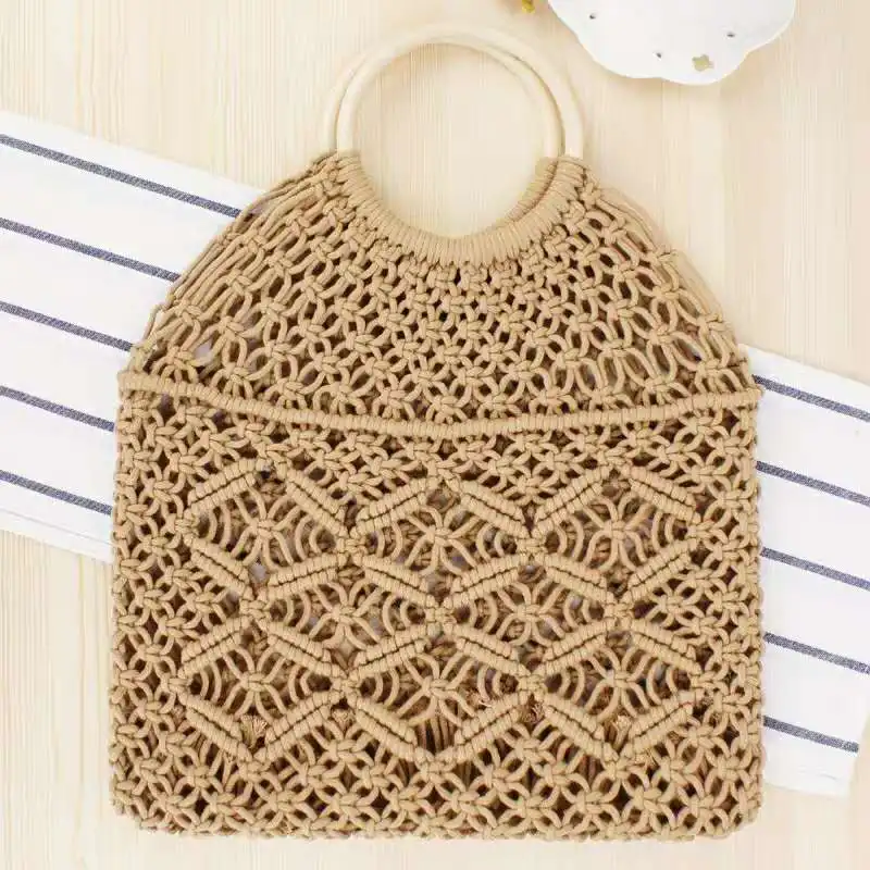 

Reusable Portable Woven Macrame Handbags Ladies Summer Vacation Beach Bag, White black brown or customized