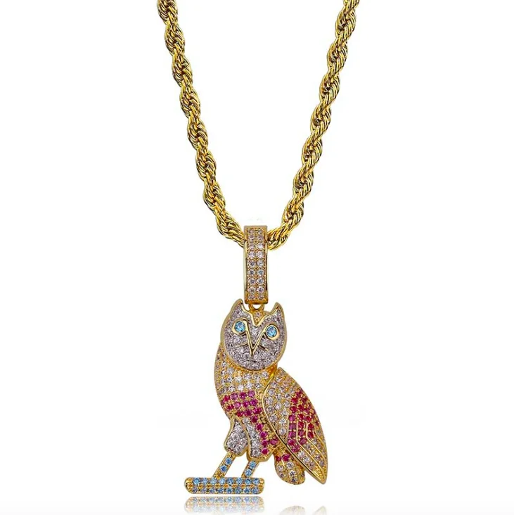 Jialin jewelry high quality ins hiphop iced out full diamond shine colorful ovo drake owl cz pendant necklace