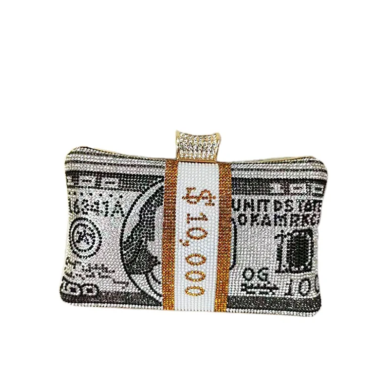 

Fashion Dollar Money Purse Clutch Rhinestone Handbags bolso Phone Purse Evening Bag, Gray/pink/gold