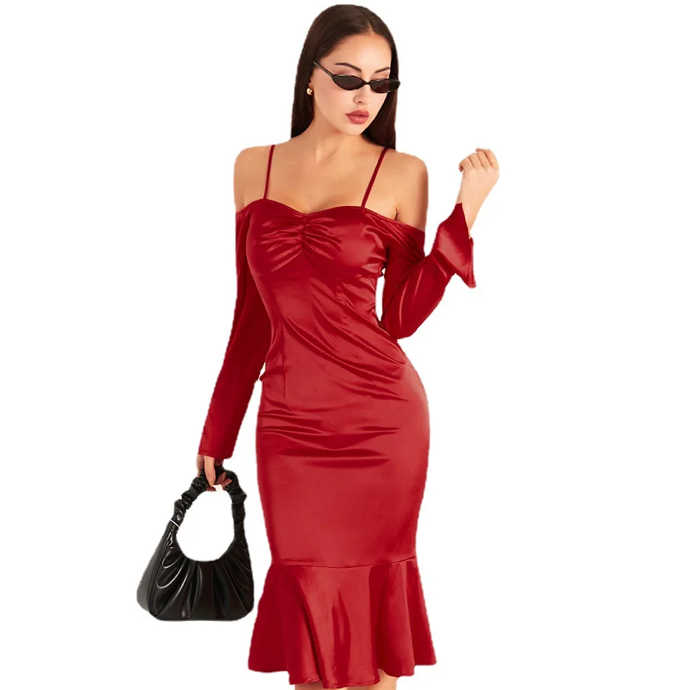 

Red Prom Dress Sling Slash Neck Long Sleeve Satin Midi Mermaid Sexy Dresses For Women