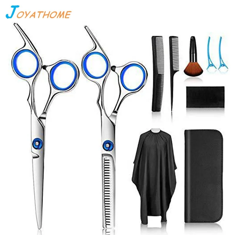 

10pcs Hairdressing Barber Scissors Set Flat Tooth Household Combination Thinning Scissor Cutting Tools Salon Station, Silver, black, blue