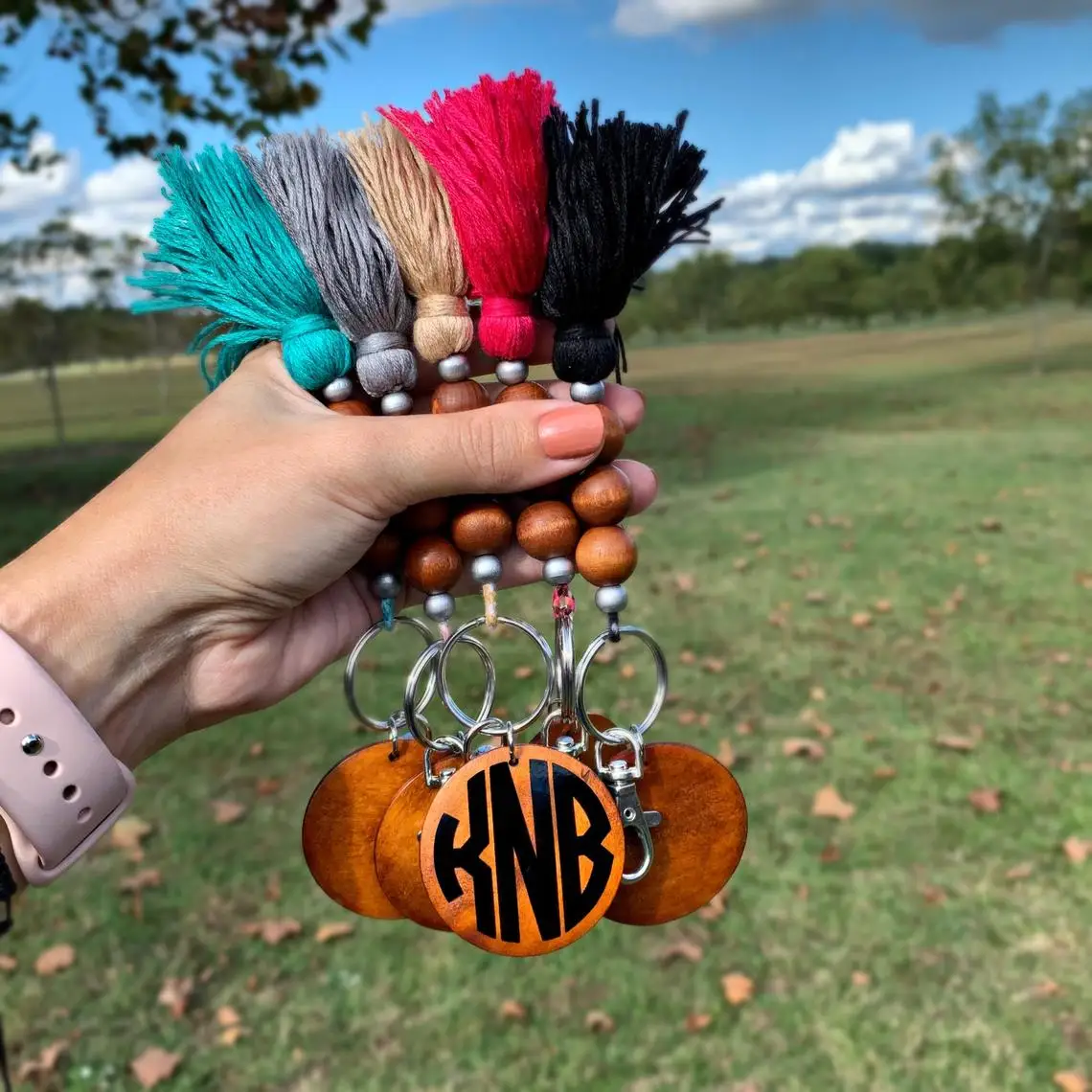 

Personalized Monogram wood disc Keychain Bohemian wood beaded tassel keychain customizable key fob bag charm Accessory Gift, Picture