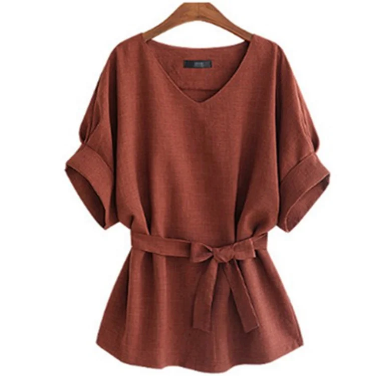 

Women's v-neck cotton and linen sleeve shirt bat sleeve large size loose belt waist thin blouse, 4 colors