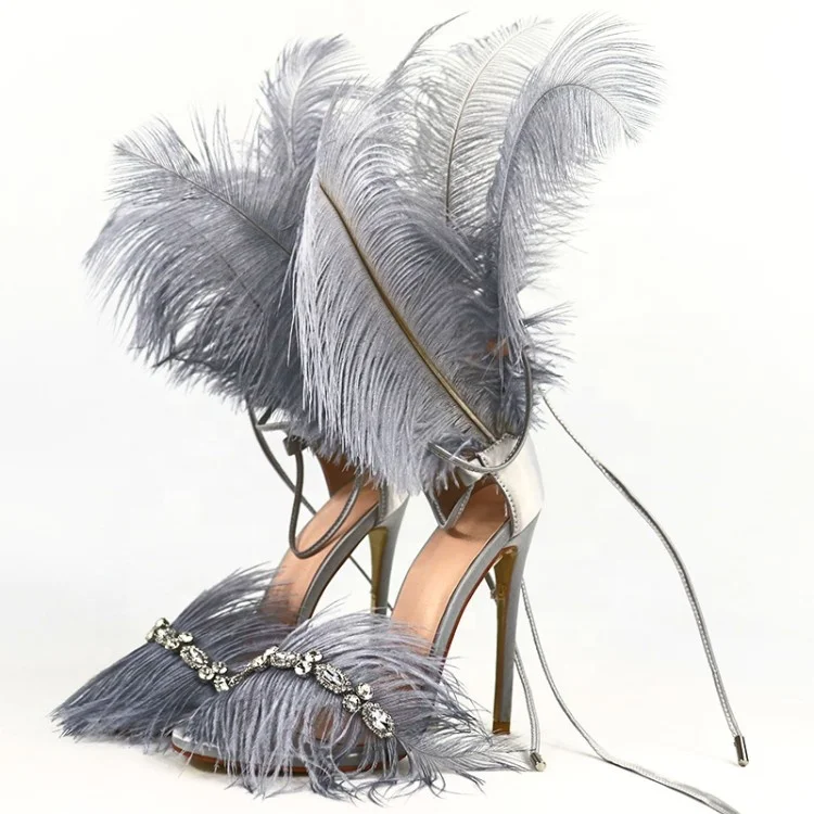

carnival women high heel sandals rhinestone real fur ostrich wings feather leg tie dancing girl hostess stripper shoe for ladies