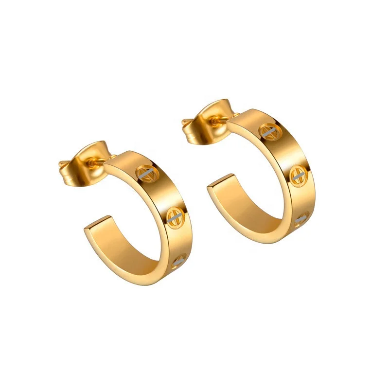 

Wholesale custom fashion jewelry stainless steel 18k gold plated C shape simple classic love stud earrings for women, All common color are available