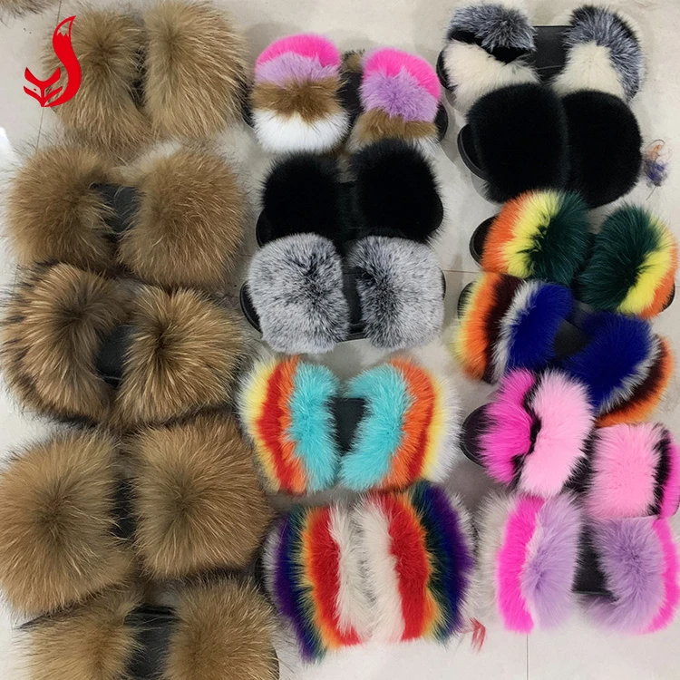 
Wholesale women big real natural fluffy black brown raccoon fur slides slipper for lady and kids 