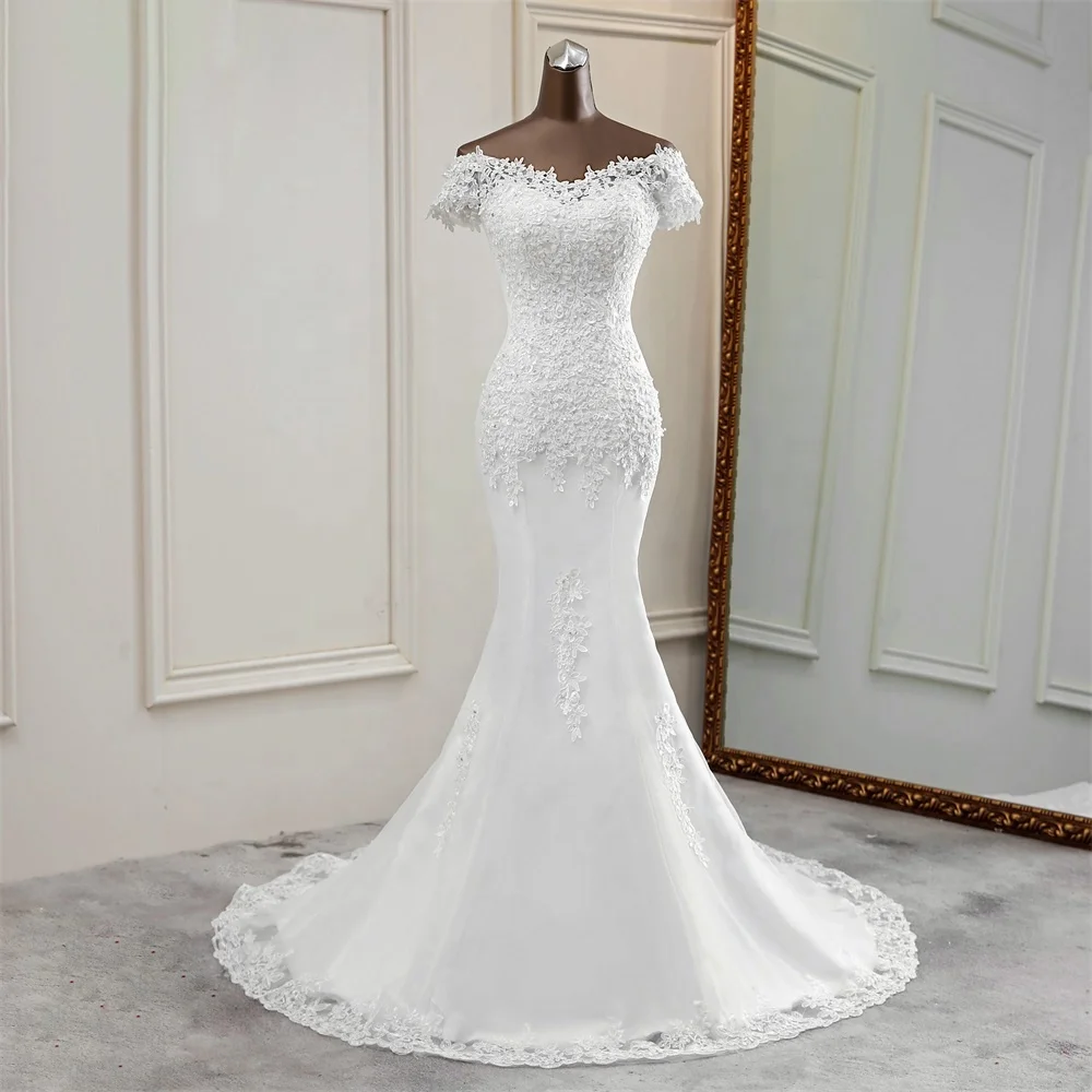 

China Factory Wholesale Cheap Off Shoulder Ivory Lace Trumpet Wedding Dresses