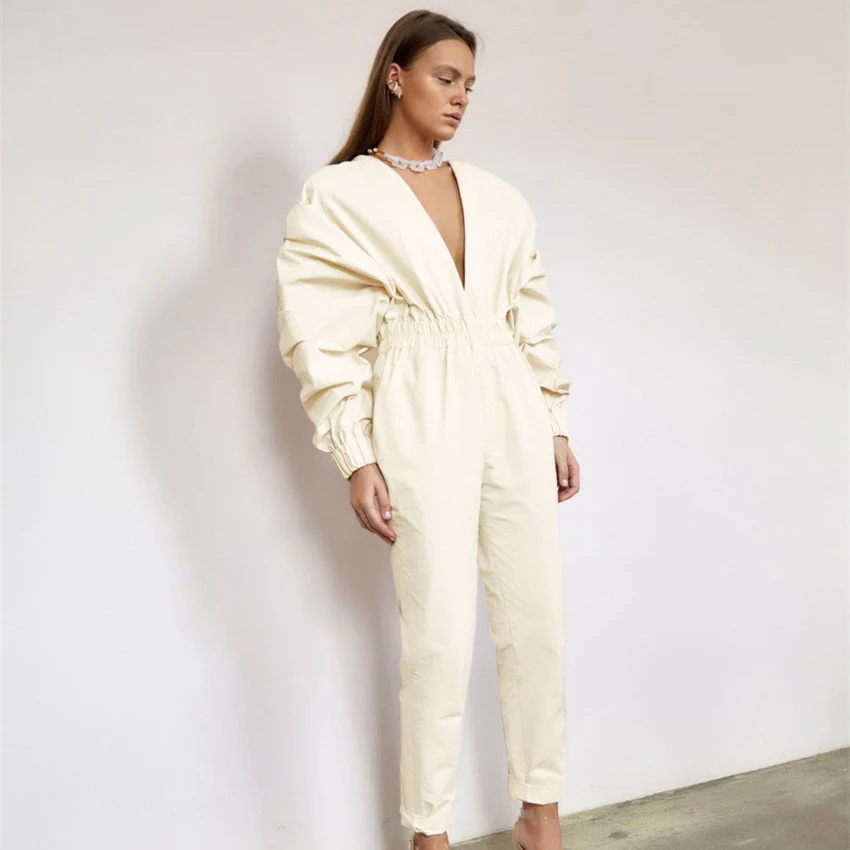 

2020 New Fashion V-neck Pleated Puff Sleeve Women Jumpsuit for Autumn Full Length Wrinkled Solid Pattern 100% Polyester Female