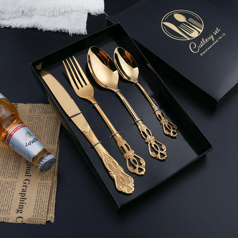 

Amazon hot sale stainless steel gold cutlery 4pcs vintage knife spoon fork set with gift box drop shipping