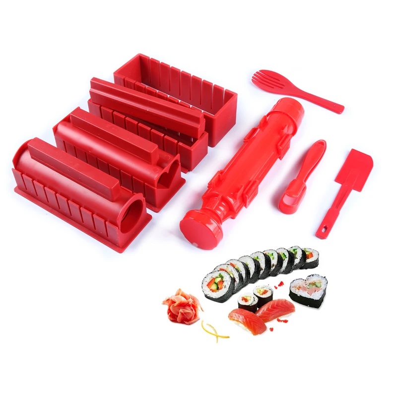 

12Pcs/Set Red Sushi Maker Equipment Kit Rice Ball Cake Roll Mold Sushi Multifunctional Mould Making Sushi Kit