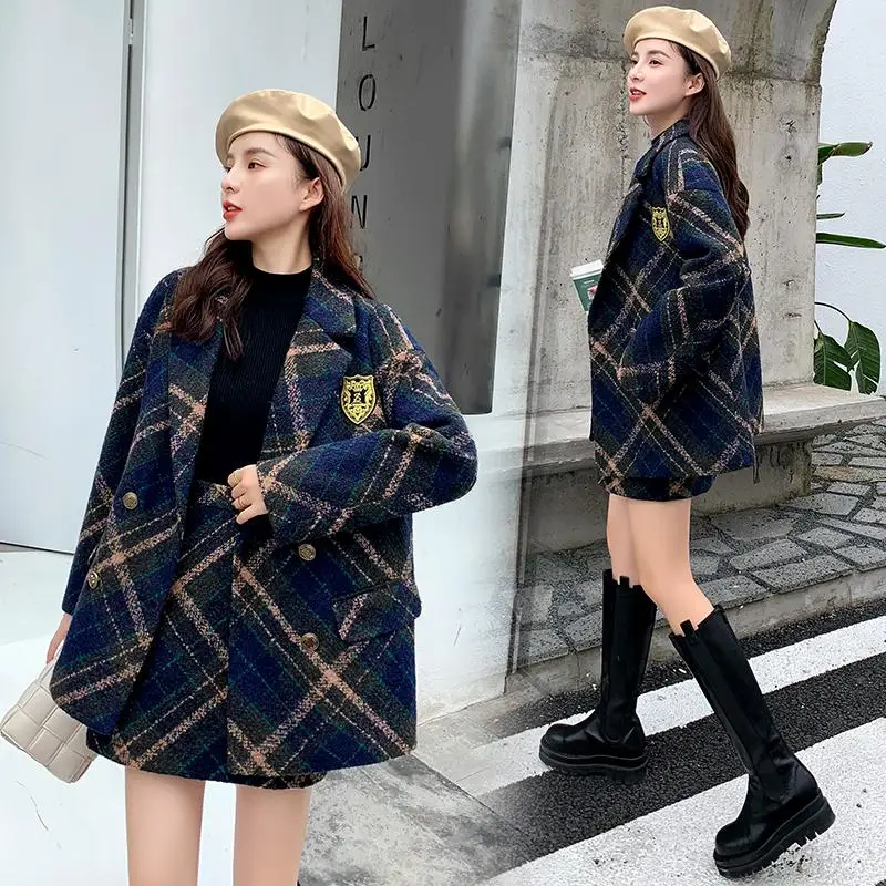 

Winter warm wool tweed two piece set women thicken jacket coat plaid a-line autumn skirt suit cashmere outwear blazer F962