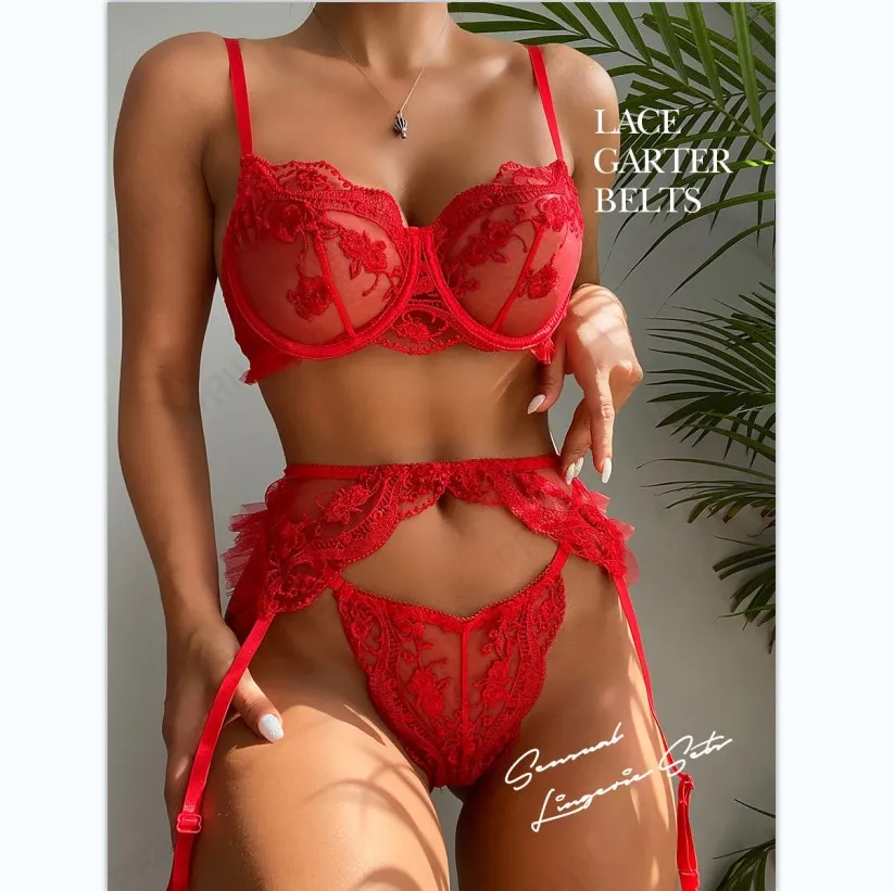 

Wholesale Valentines Sexy Red Lingerie three pieces Bralette Garter Belt Bra&Brief Sexy Underwear set