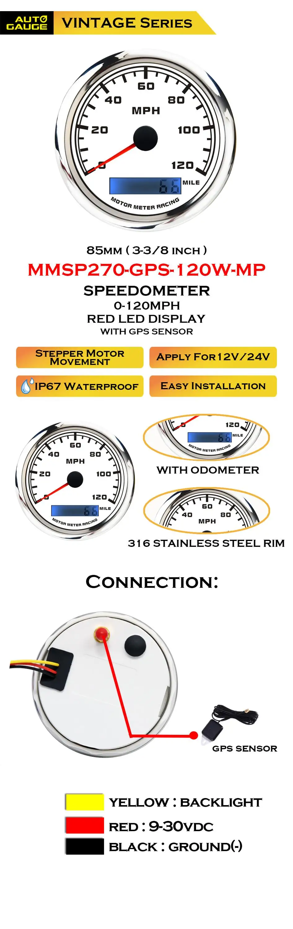 85mm Analog With Digital 120 Mph Electrical Gps Speedometer With Miles