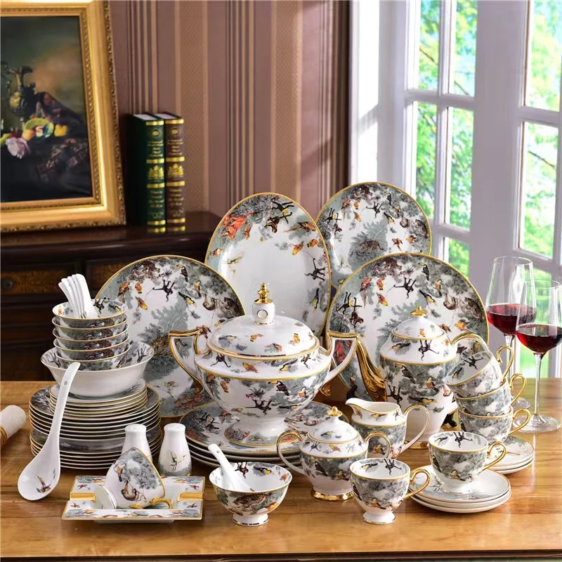 

Western ceramic 58pcs Cookware Equator Jungle Series Tableware Set Bone China Bowls and Plates Porcelain Dinner set