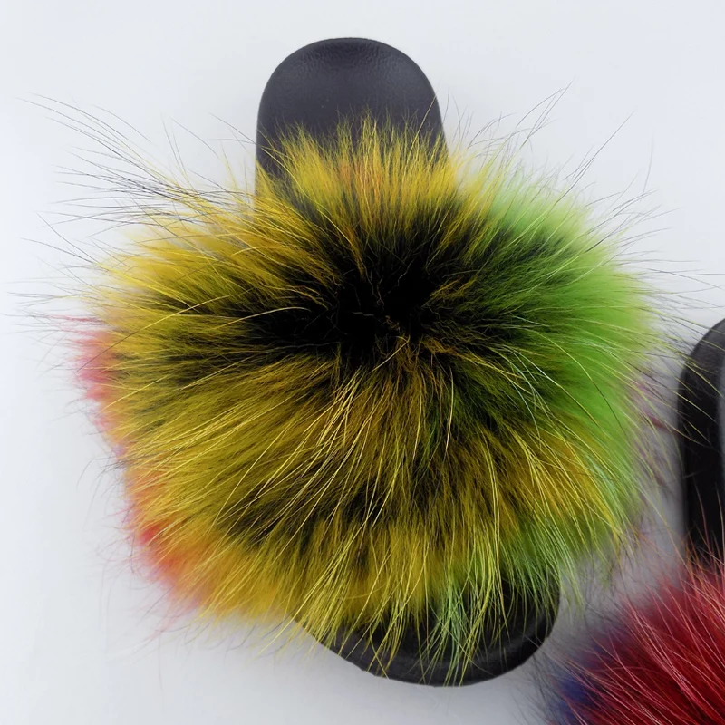 

Soft multicolor custom fur slippers fluffy raccoonfur slippers, Red,blue ,green ,orange ,brown