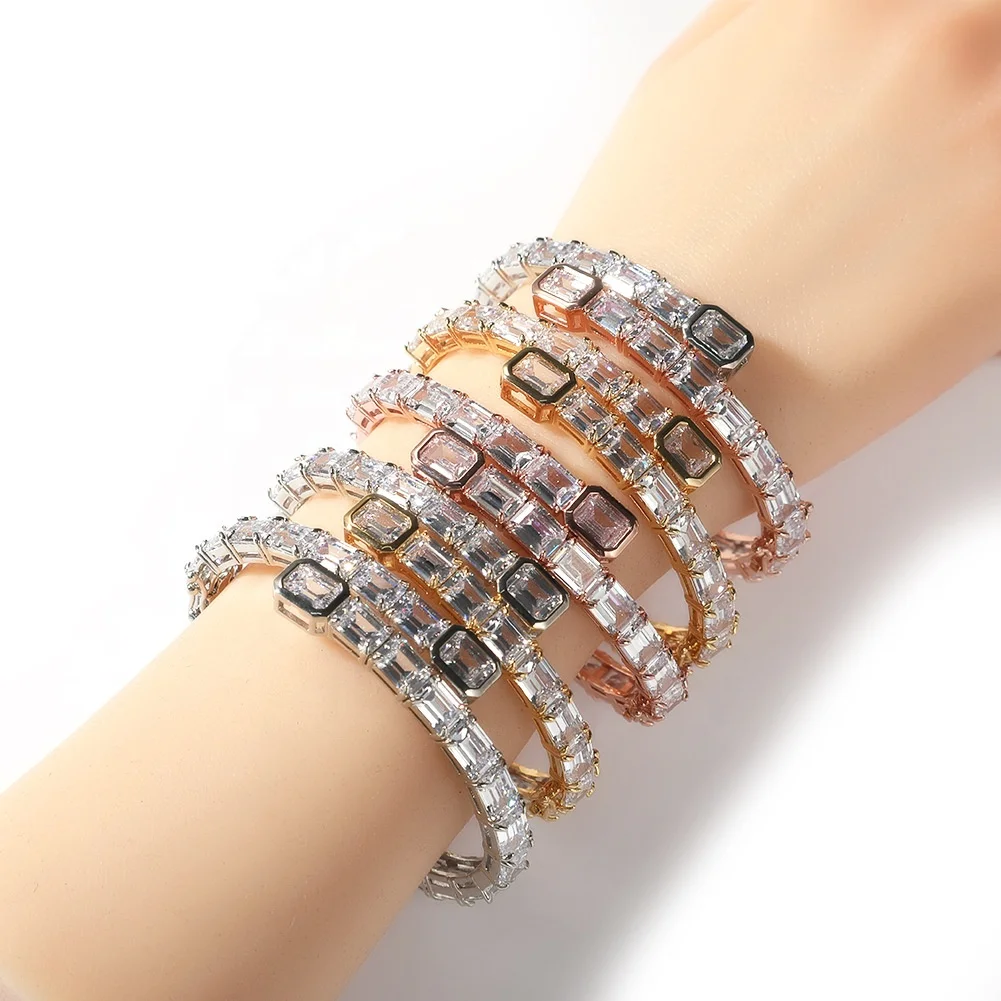 

wholesale fashion hip hop bracelet Jewelry baguette cz bangles Gold Plated full zircon paved bracelets bangle, Picture shows