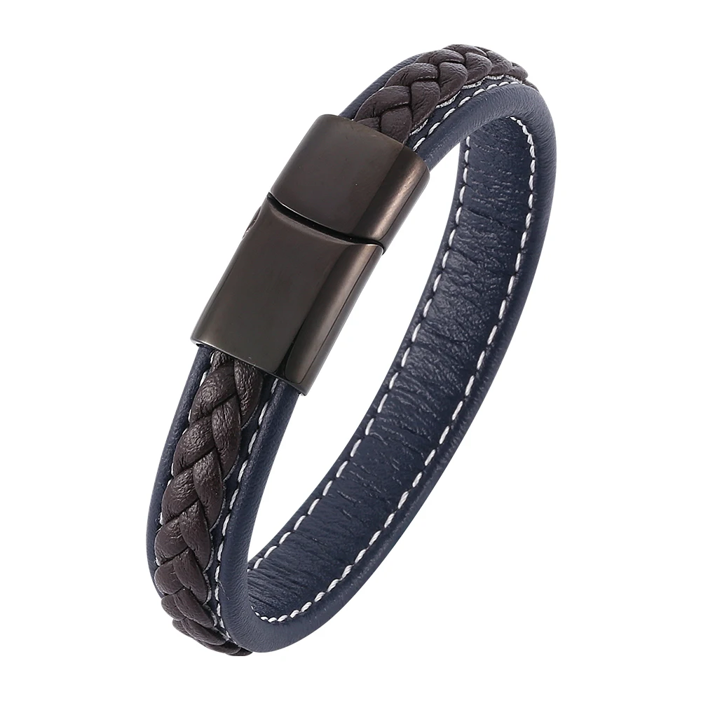 

Men Jewelry Blue & Brown Braided Leather Bracelet for Men Stainless Steel Magnetic Clasp Male Wrist Band Gifts SP0010