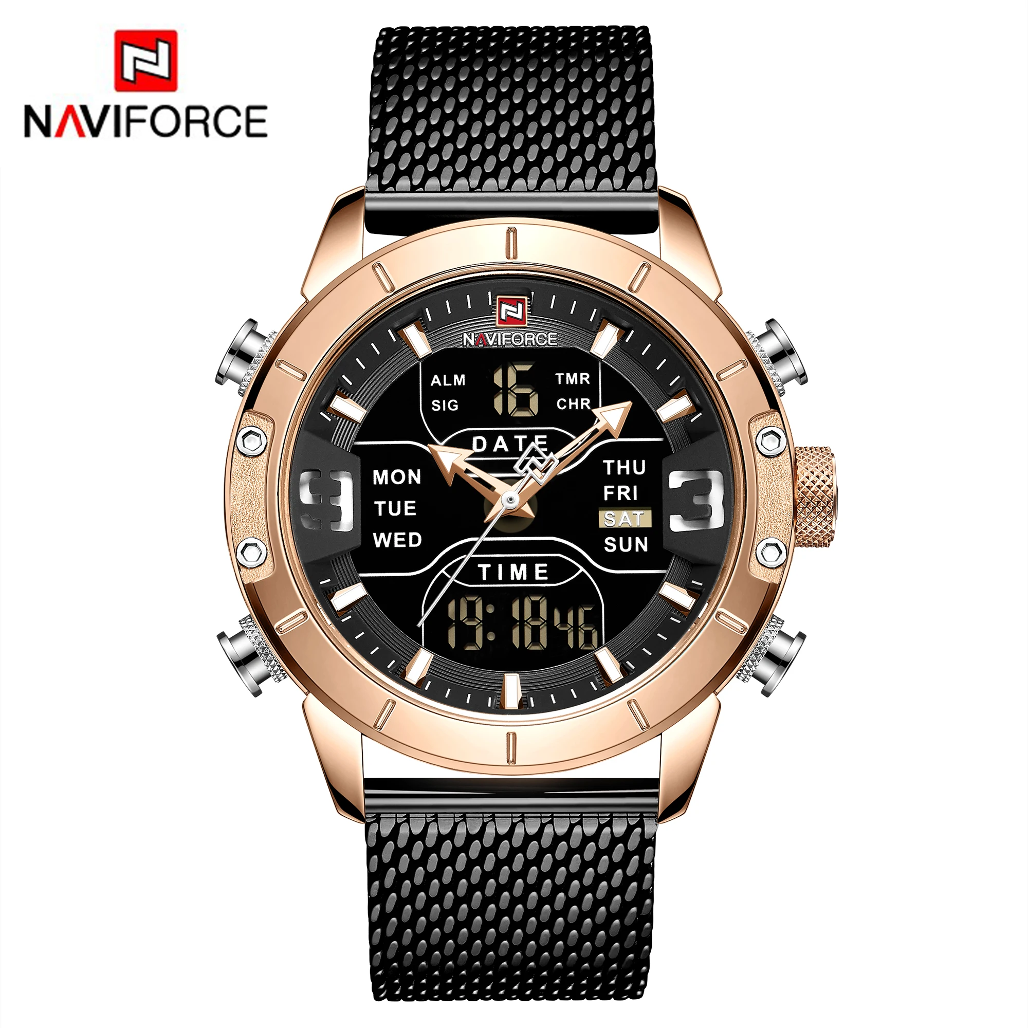 

Discount NAVIFORCE 9153 Sport Analog Digital Watches Men Luxury Brand Stainless Steel Sports Mens Watches Digital Waterproof Man