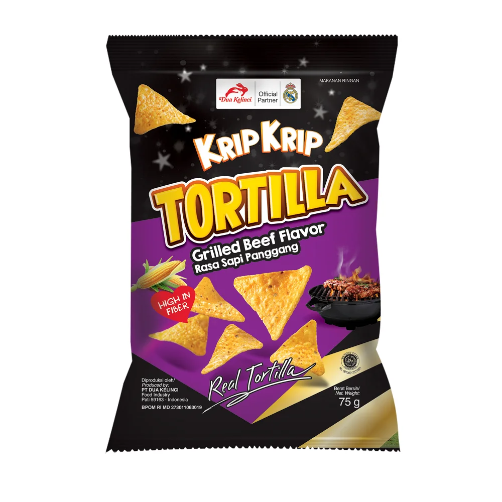 
DUA KELINCI   KRIP KRIP   TORTILLA CHIP GRILLED BEEF FLAVOR SNACK INDONESIA 75 GR 