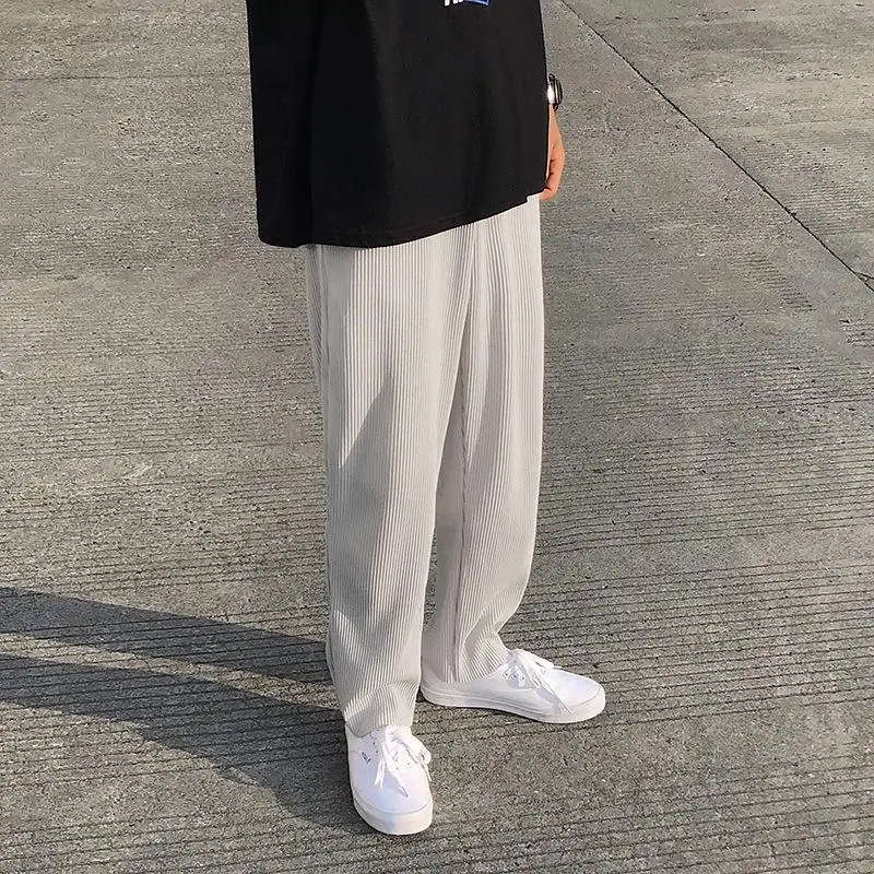 

Straight Pants Men's Fashion Solid Color Elastic Waist Casual Pants Men Streetwear Wild Loose Japanese Ice Silk Trousers Mens
