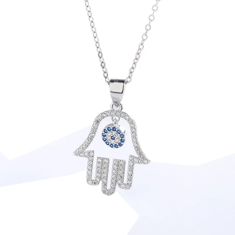 

2020 New Luxury Gothic Blue Evil Eyes Hand Necklace 925 Sterling Silver Crystal Palm Pendant Necklace For Ladies, Picture