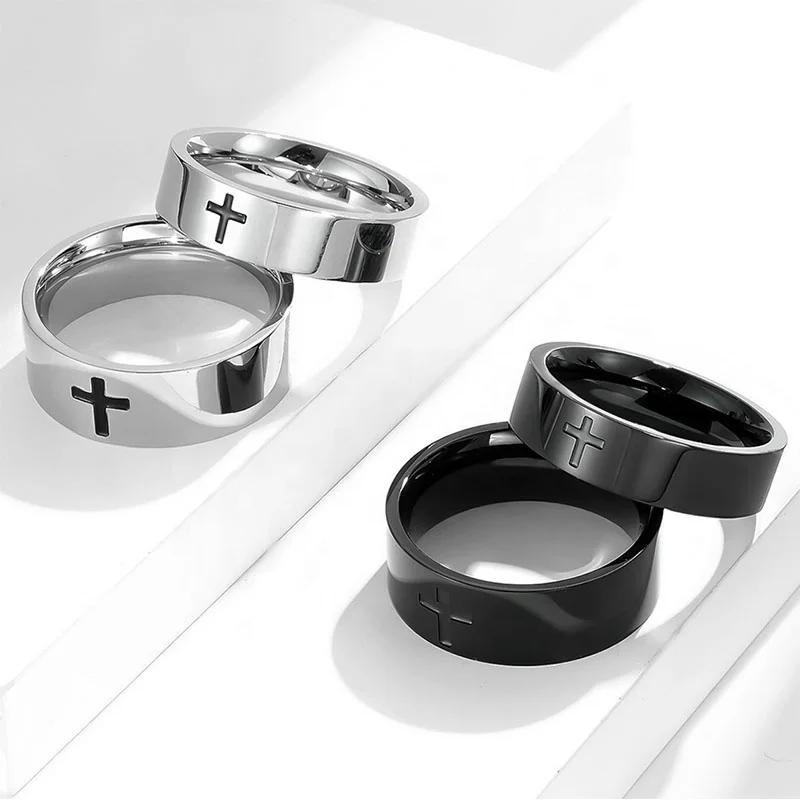 

EAST QUEEN Custom Wholesale Fashion Minimalist Jewelry Cheap Man Woman Simple 316L Stainless Steel Cross Rings, Silver,black