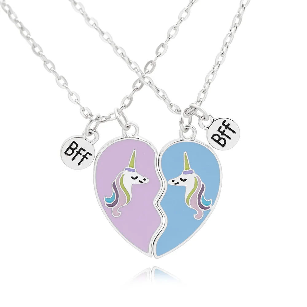 

SC New 2 Pieces Best Friends Matching Necklace Cute Birthday Gifts Pink Blue Half Heart Necklace BFF Friendship Necklace for 2