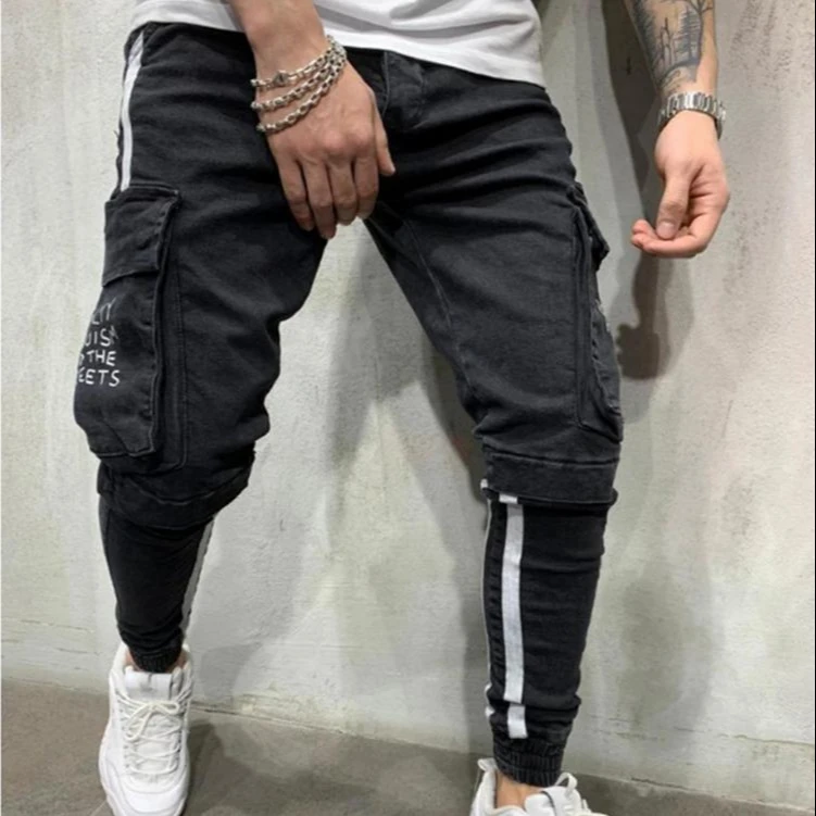 

AMAZON HOT SALE Men Boy New design cargo denim jeans side pocket pants korean hip hot street denim jean, Picture