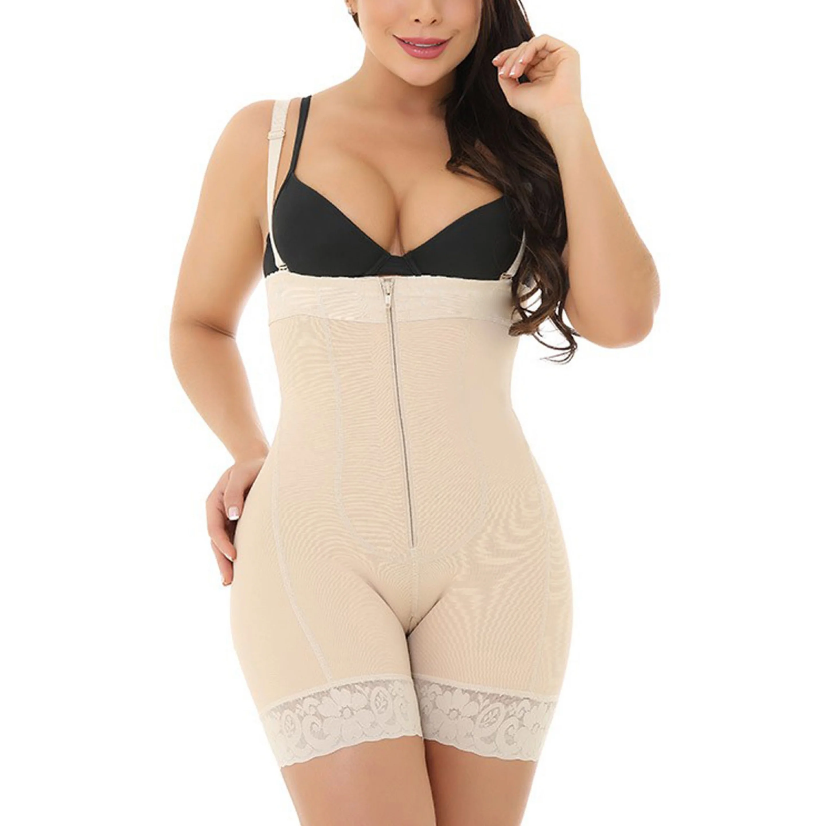 

JY905 Plus Sizes Women Full Bodysuit Full Body Shapewear Zipper Shapewear Tummy Control Corset, Black, skin