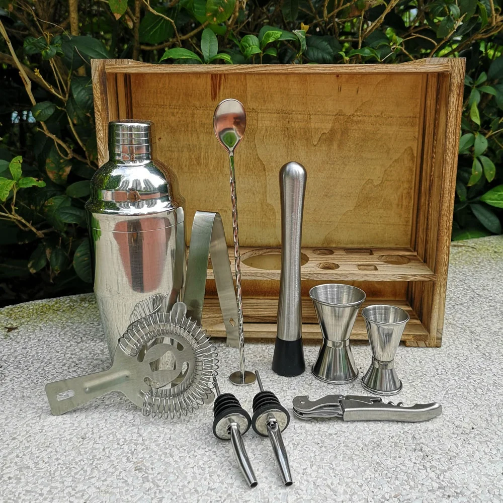 
Custom Logo Home Bar 304 SS 11-Piece Bar Tool Set with Patent Pending Rustic Wood Stand Bartender Cocktail shaker set 