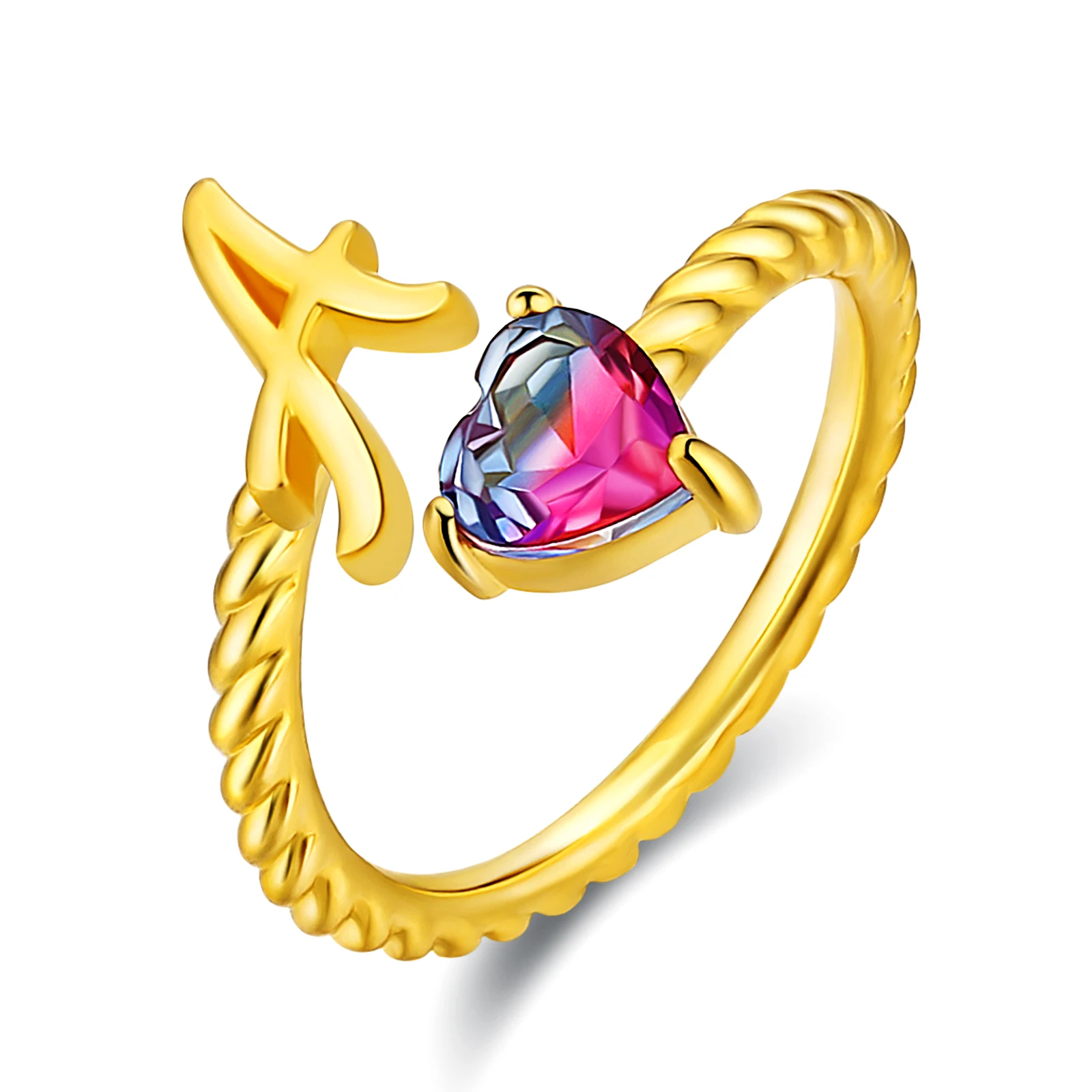

KRKC Jewelry A to Z Letter Gemstone Tourmaline PVD 18K Real Gold Plated Adjustable Heart Initial Ring for Women