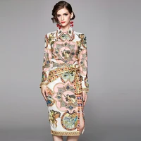 

Vintage Long Sleeve Printed Bow Split 2 Piece Skirt Set