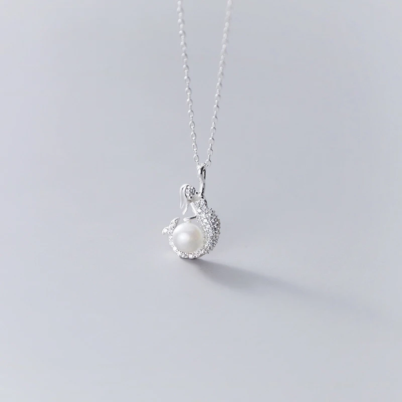 

N3154 Popular Hot Sale Sterling Silver 925 Fashionable Diamond Inlaid Mermaid Feminine Temperament Small Pearl Necklace