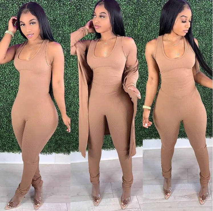 

New Arrivals Spring Hot Sale Sleeveless Yoga Suit Two piece Sets Jumpsuit Women 2021 and Cardigan Lady Sexy Knitted Rib Jumpsuit, Black/gray/khaki