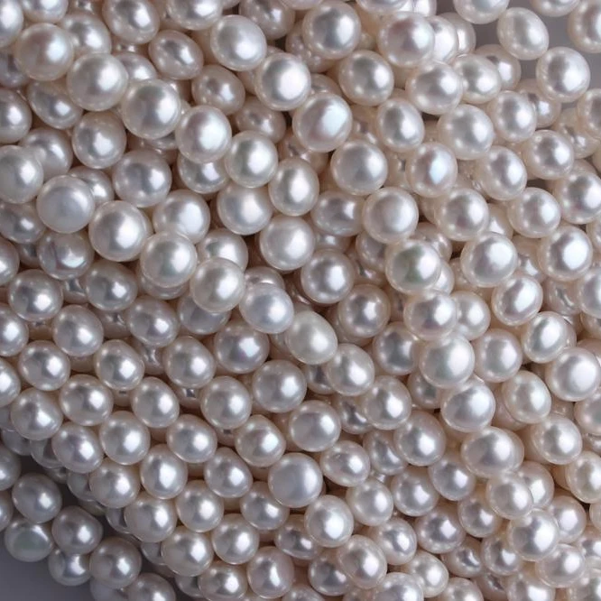 
7-7.5mm Fat Rice Shape White Colour Natural Freshwater Loose Pearl Strand, 16